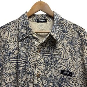 Jimmy'z Vtg 80's Men's XL Blue/Cream Geometric Linen/Cotton Hawaiian Surf Shirt